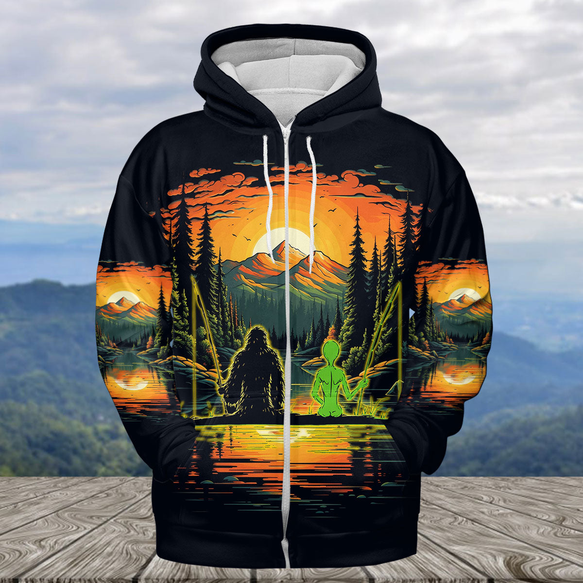 Bigfoot And Alien Fishing Night All Over Print Shirt