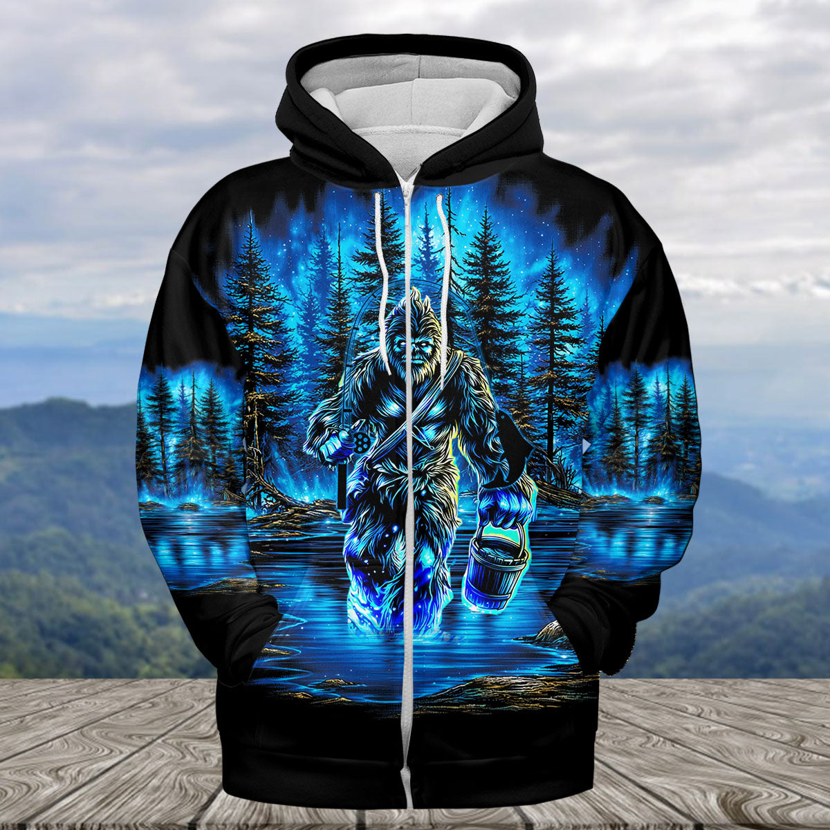 Bigfoot Fishing Blue Moon Light All Over Print Shirt