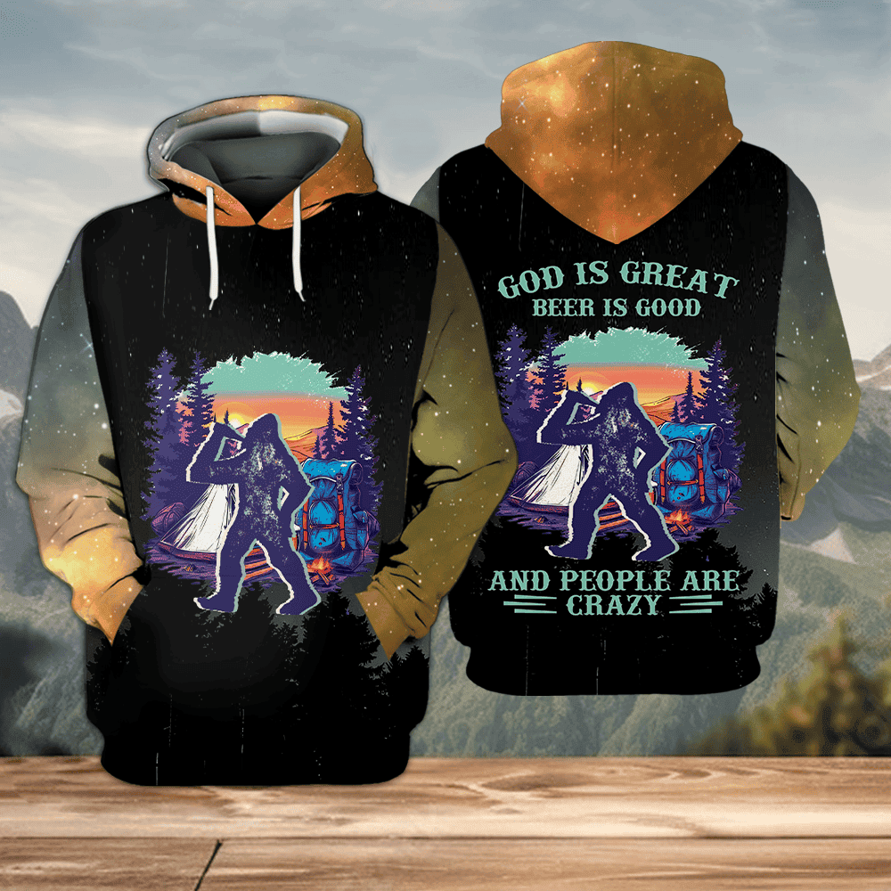 Camping God Is Great Beer Is Good and People Are Crazy All Over Print Shirt