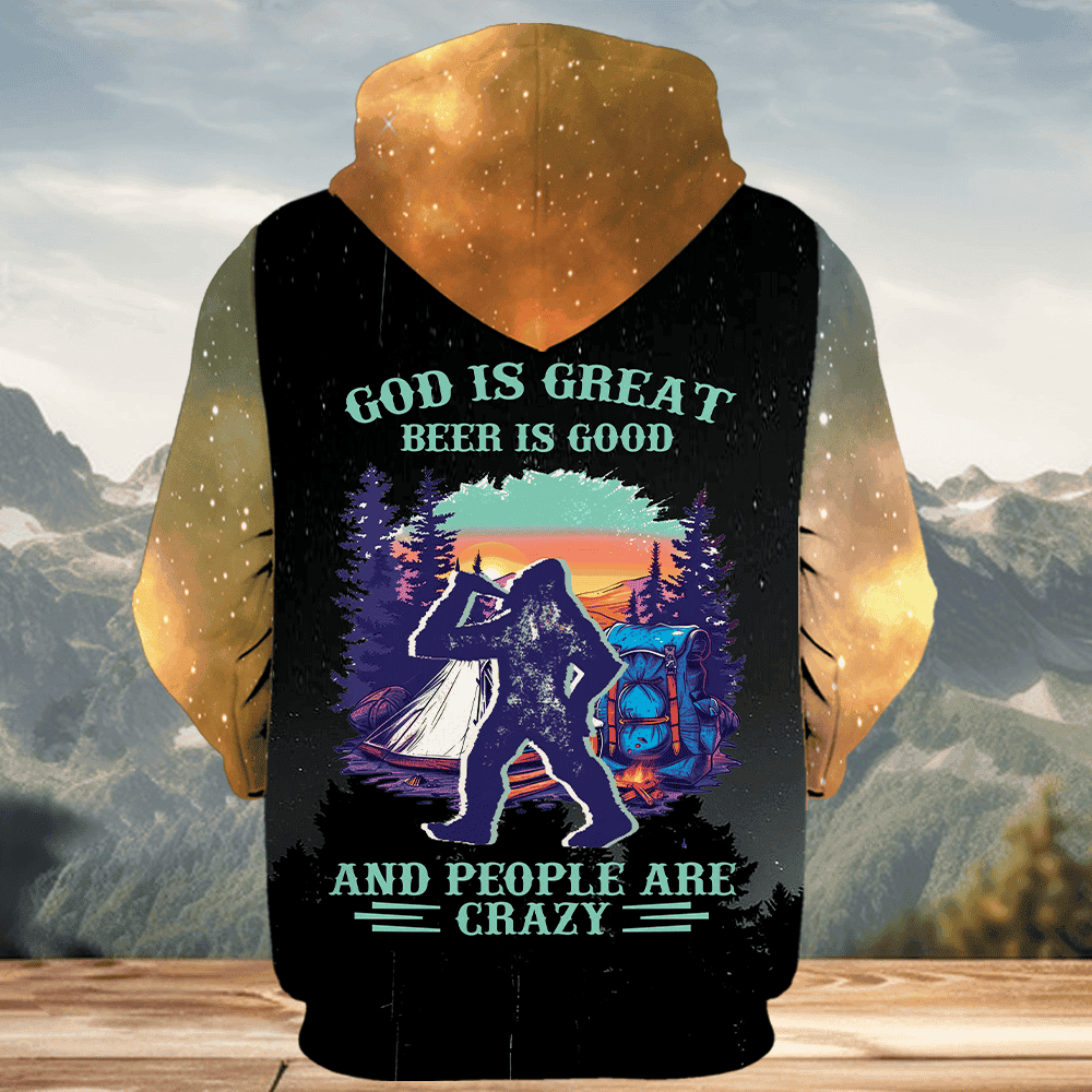 Camping God Is Great Beer Is Good and People Are Crazy All Over Print Shirt