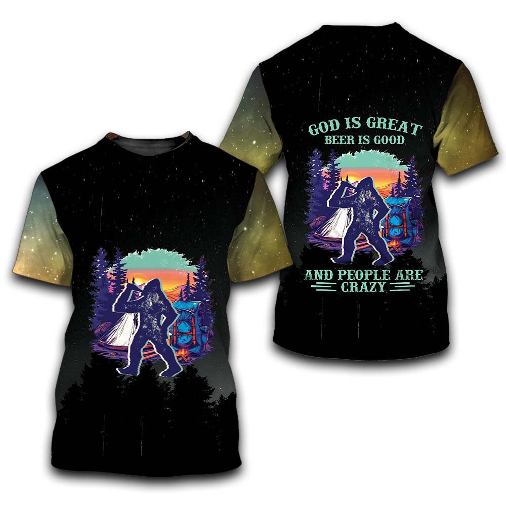 Camping God Is Great Beer Is Good and People Are Crazy All Over Print Shirt