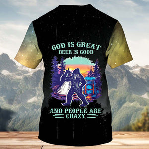 Camping God Is Great Beer Is Good and People Are Crazy All Over Print Shirt