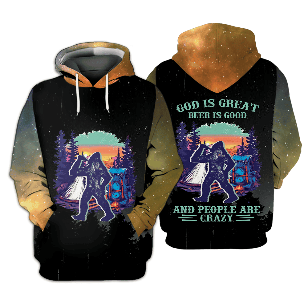 Camping God Is Great Beer Is Good and People Are Crazy All Over Print Shirt