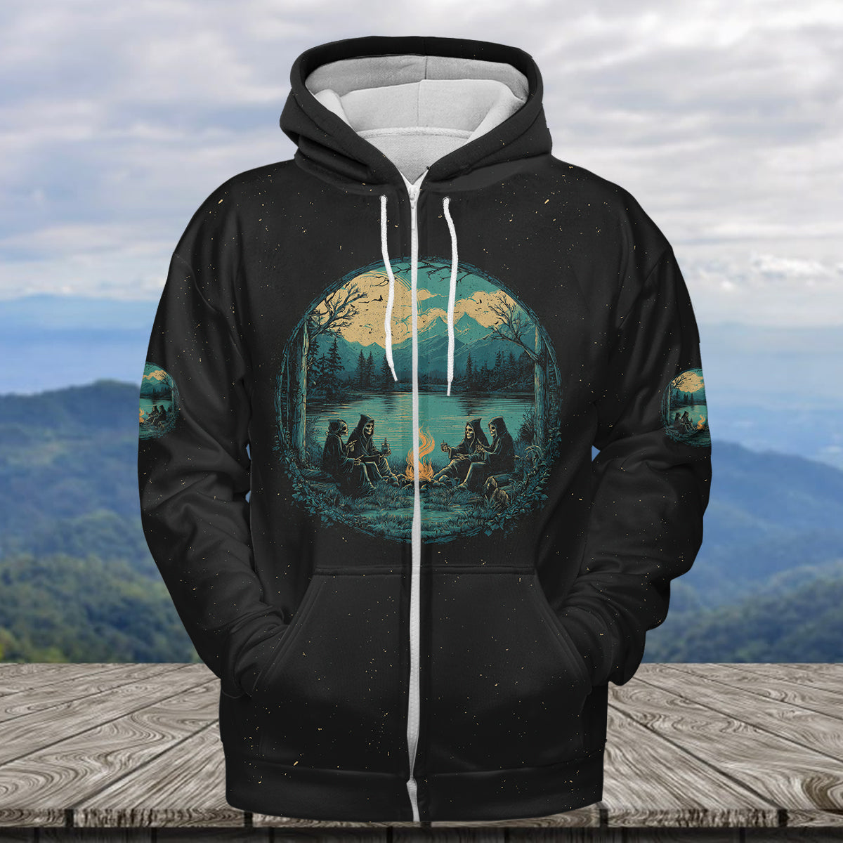 Skeleton Camping Crew – Spooky Vibes All Over Print Shirt