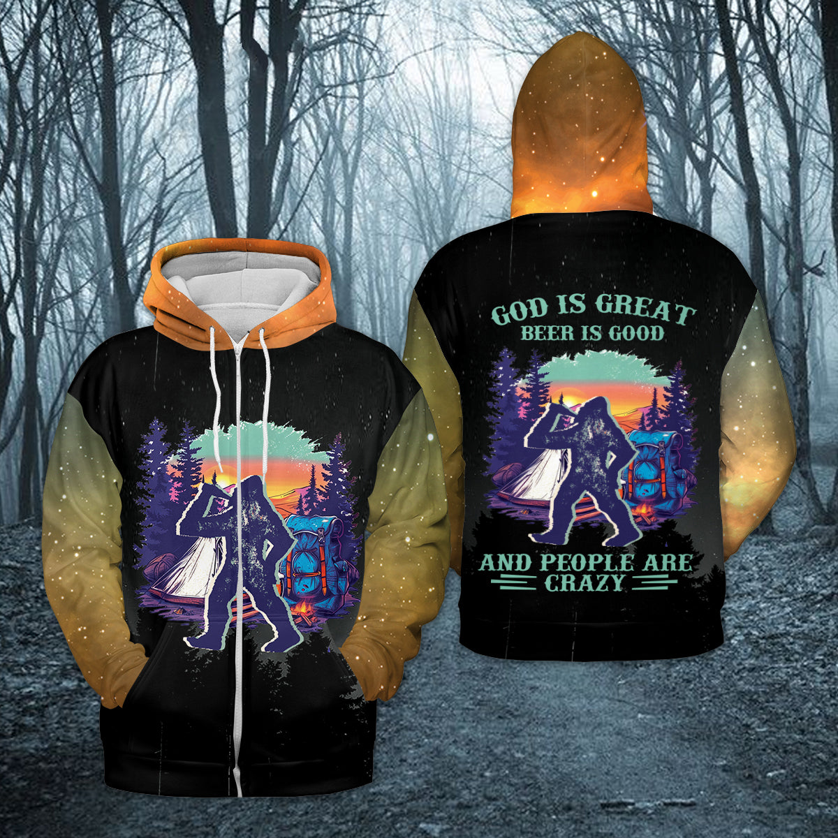Camping God Is Great Beer Is Good and People Are Crazy All Over Print Shirt